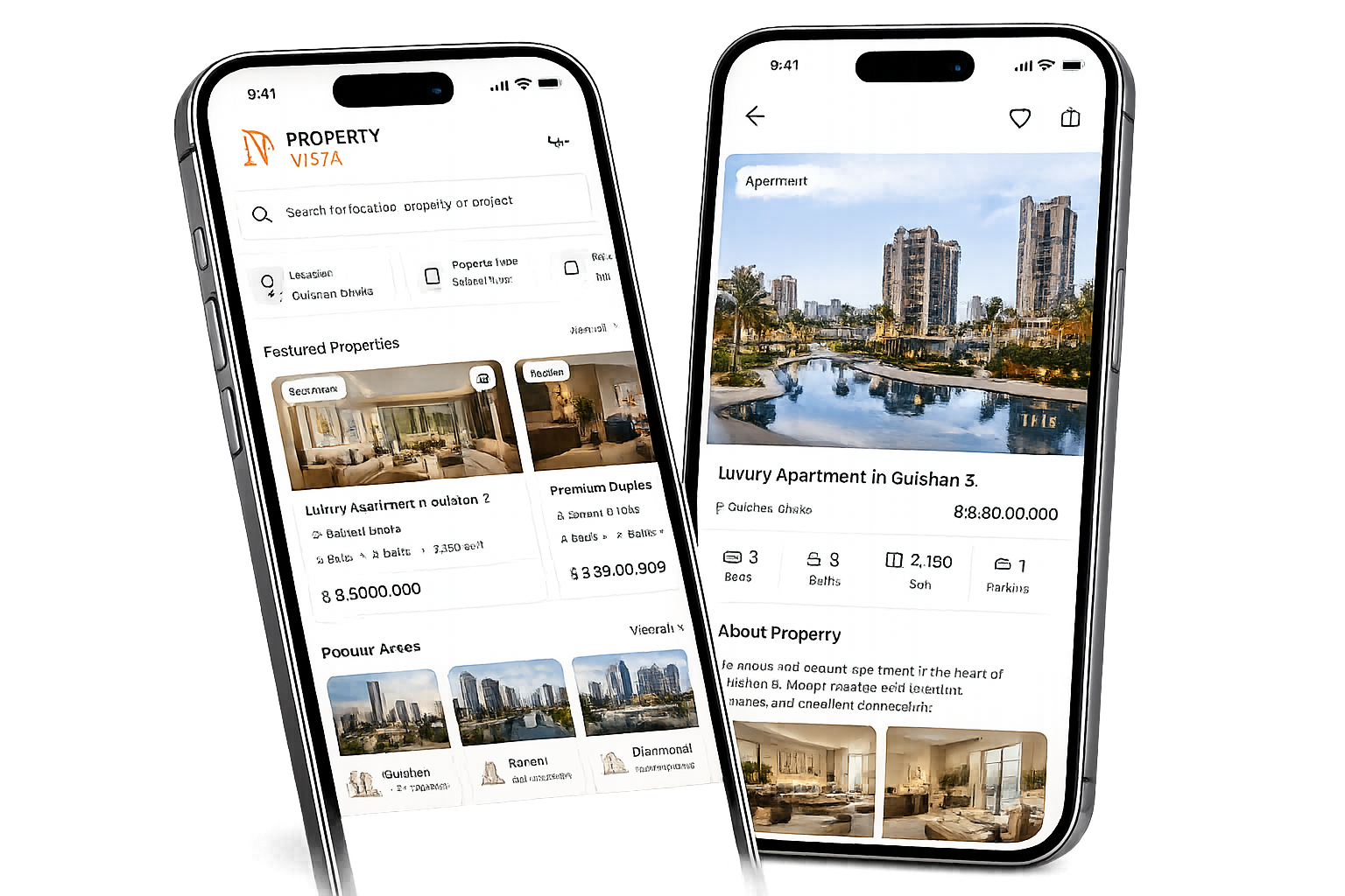 Property Vista mobile app shown on two smartphones